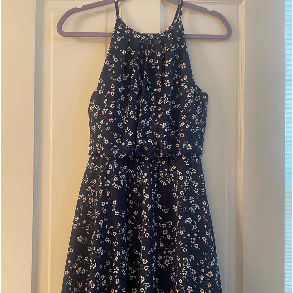 Spring Dress. Navy Blue with floral pattern. There is a slit in the back.